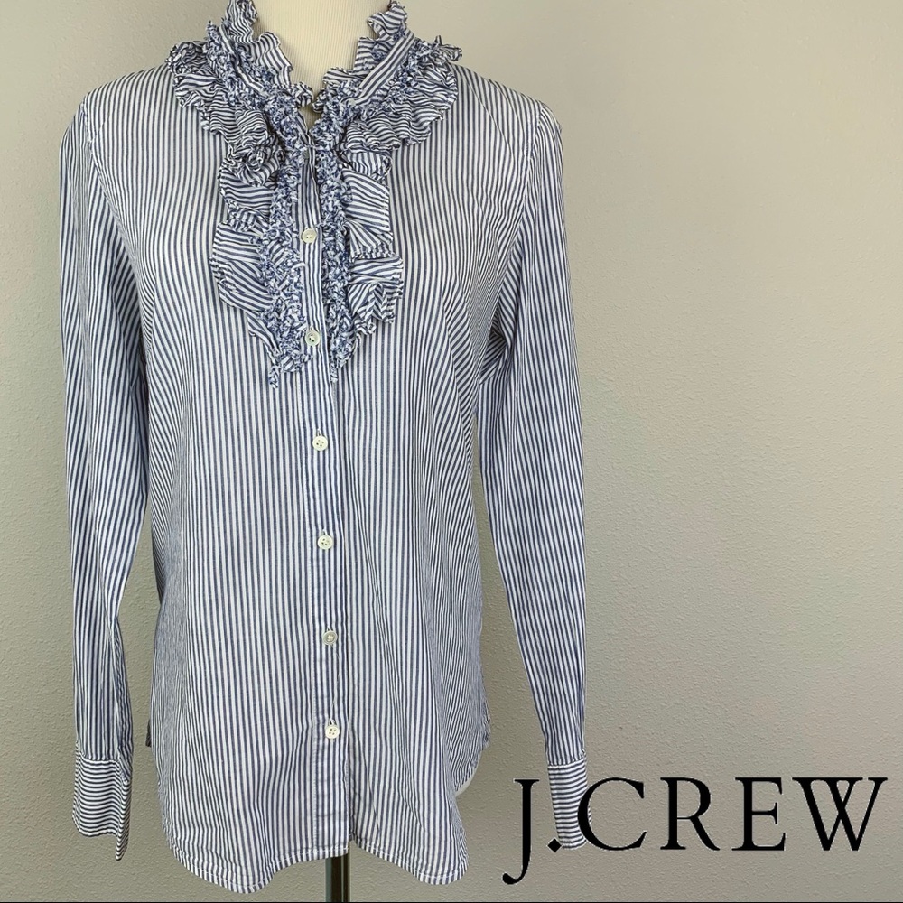 J.‎ Crew SIZE 4 blue-striped ruffled-bib button-down
